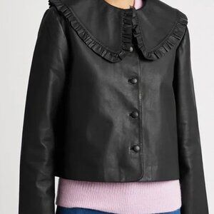 RIXO Debbie Leather Jacket with frill collar